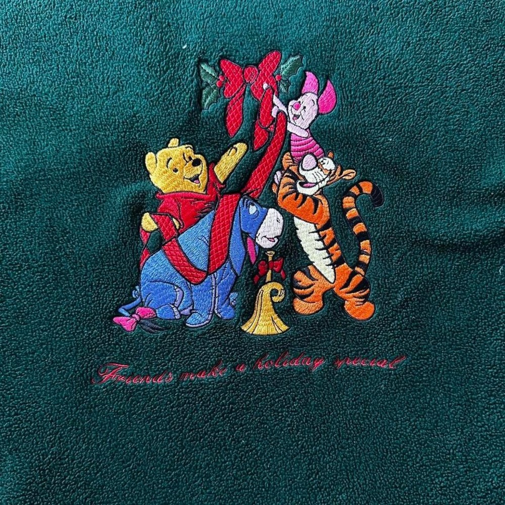Disney Store‎ Winnie the Pooh Christmas Fleece Mock Neck Green Medium Vintage - Picture 2 of 6
